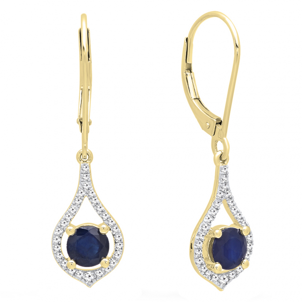10K Yellow Gold Round 5 MM Blue Sapphire & White Diamond Ladies Dangling Drop Earrings