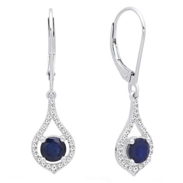 14K White Gold Round 5 MM Blue Sapphire & White Diamond Ladies Dangling Drop Earrings