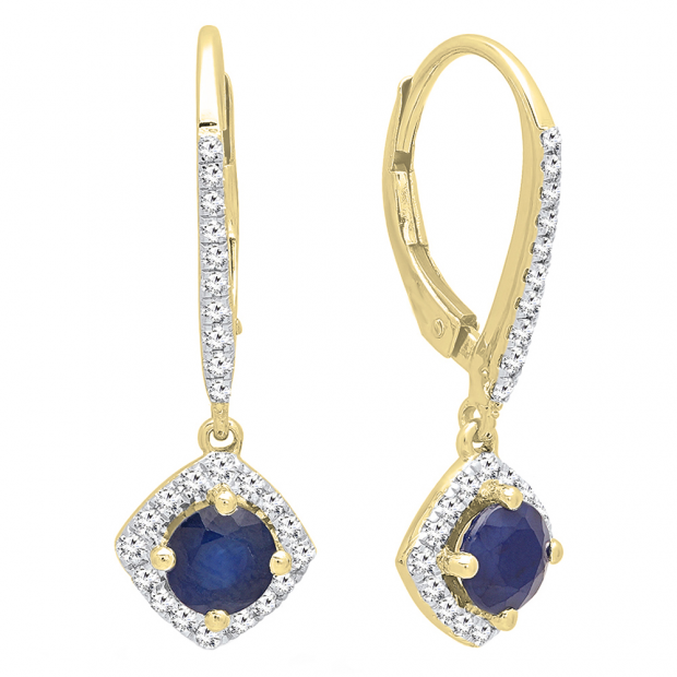 10K Yellow Gold Round 5 MM Blue Sapphire & White Diamond Ladies Dangling Drop Earrings