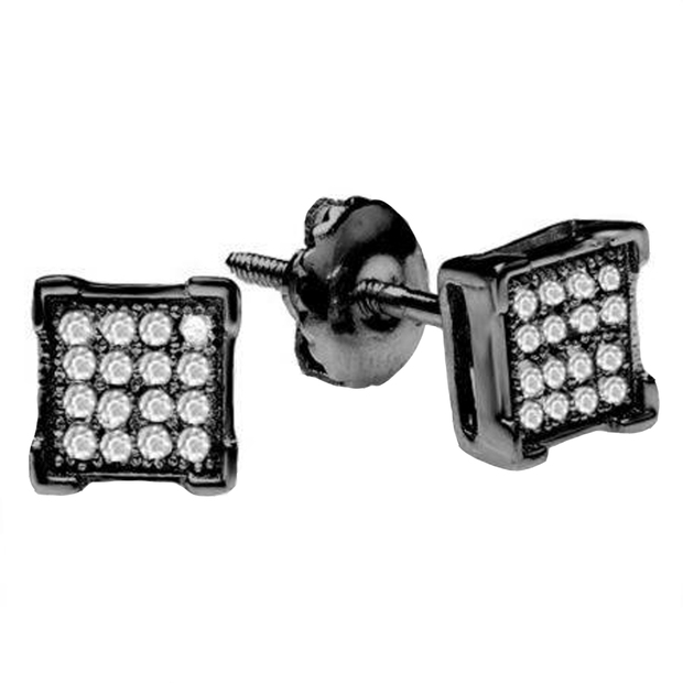 0.06 Carat (ctw) Black Rhodium Plated Sterling Silver White Diamond V Prong Mens Stud Earrings