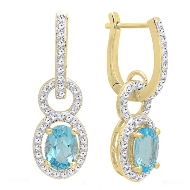 10K Yellow Gold 7X5 MM Oval Cut Blue Topaz & Round Cut White Diamond Ladies Dangling Earrings