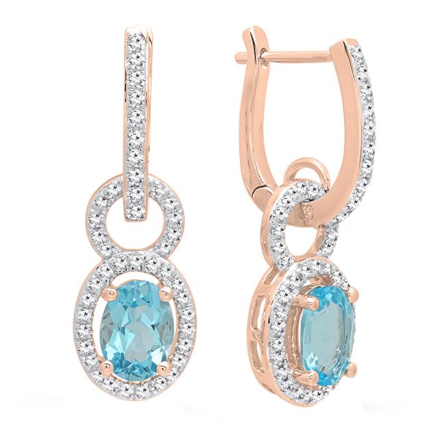 18K Rose Gold 7X5 MM Oval Cut Blue Topaz & Round Cut White Diamond Ladies Dangling Earrings