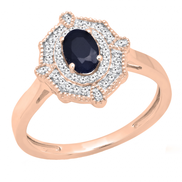 10K Rose Gold 6X4 MM Oval Cut Blue Sapphire & Round Diamond Bridal Vintage Engagement Ring