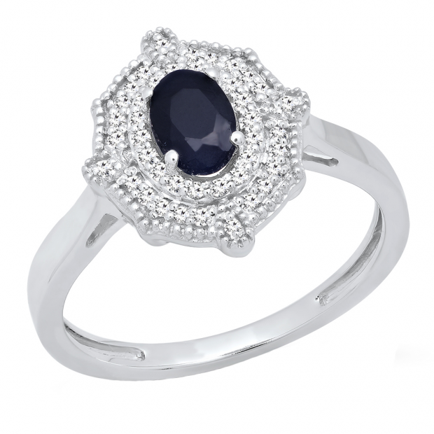 10K White Gold 6X4 MM Oval Cut Blue Sapphire & Round Diamond Bridal Vintage Engagement Ring