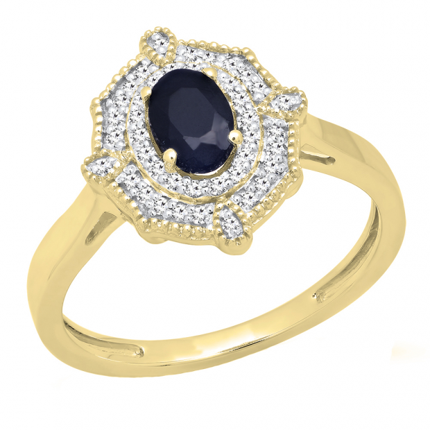 10K Yellow Gold 6X4 MM Oval Cut Blue Sapphire & Round Diamond Bridal Vintage Engagement Ring
