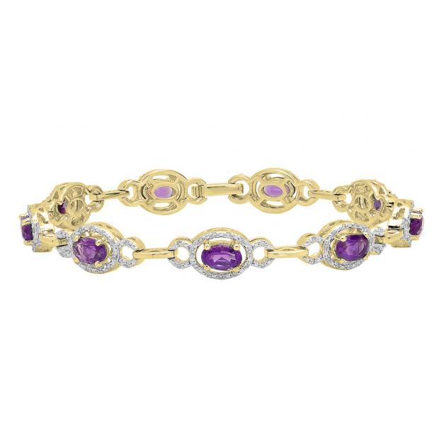 10K Yellow Gold Oval Cut Amethyst & Round Cut White Diamond Ladies Link Tennis Bracelet