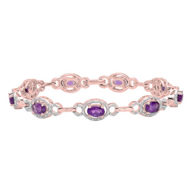18K Rose Gold Oval Cut Amethyst & Round Cut White Diamond Ladies Link Tennis Bracelet