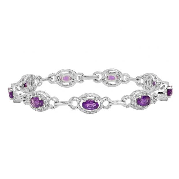 18K White Gold Oval Cut Amethyst & Round Cut White Diamond Ladies Link Tennis Bracelet