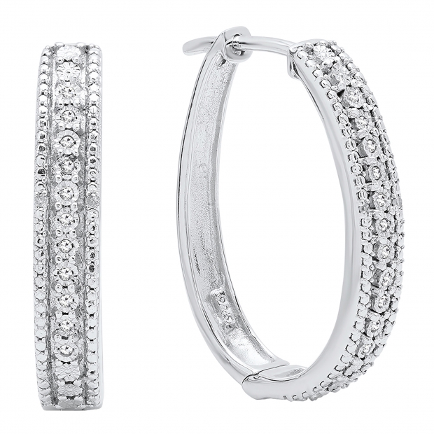 0.10 Carat (ctw) Sterling Silver Round White Diamond Ladies Hoop Earrings 1/10 CT