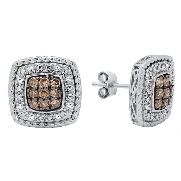0.40 Carat (ctw) Sterling Silver Round Cut Champagne & White Diamond Stud Earrings