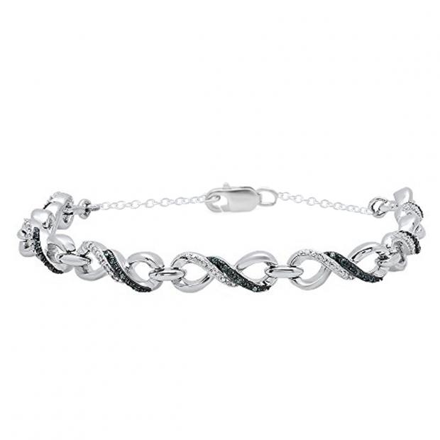 0.18 Carat (ctw) Sterling Silver Round Blue & White Diamond Ladies Infinity Tennis Link Bracelet