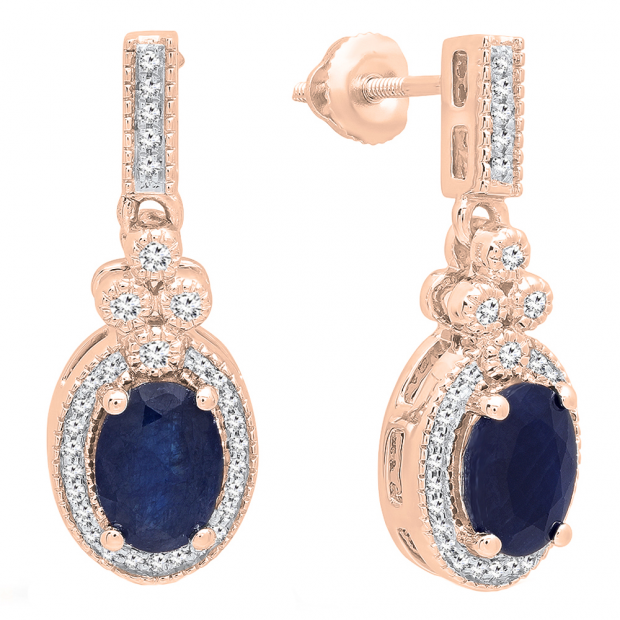 10K Rose Gold 7X5 MM Oval Cut Blue Sapphire & Round Cut White Diamond Ladies Dangling Earrings