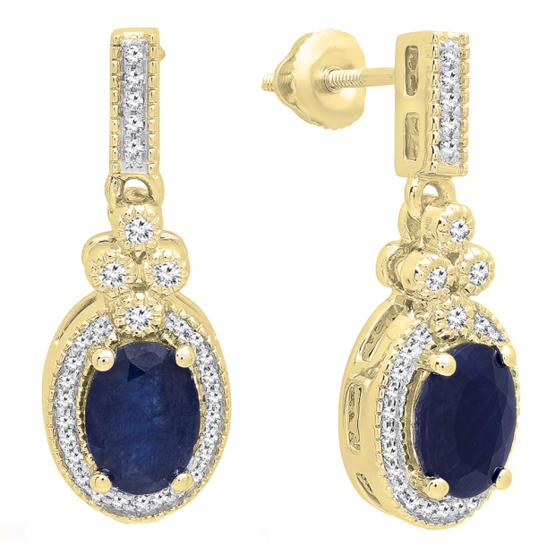 10K Yellow Gold 7X5 MM Oval Cut Blue Sapphire & Round Cut White Diamond Ladies Dangling Earrings