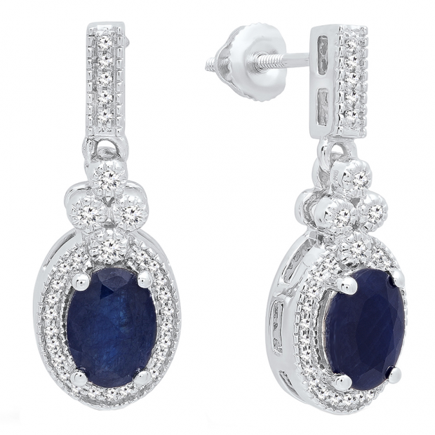 14K White Gold 7X5 MM Oval Cut Blue Sapphire & Round Cut White Diamond Ladies Dangling Earrings