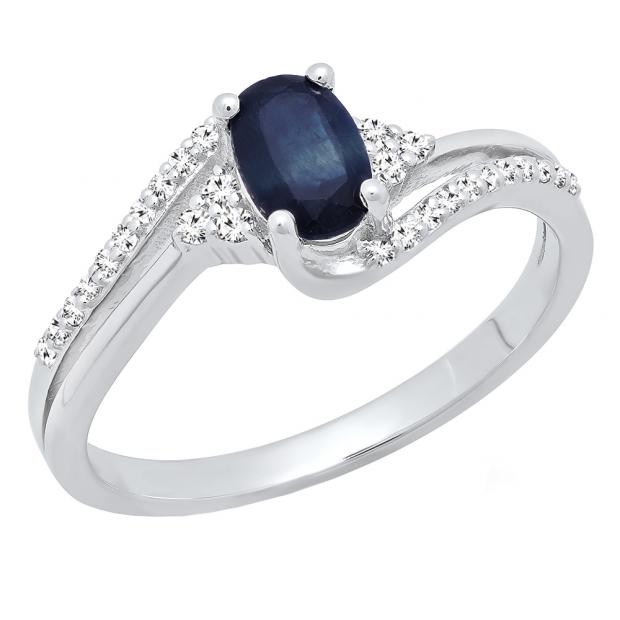 10K White Gold 6X4 MM Oval Cut Blue Sapphire & Round Diamond Ladies Bypass Bridal Engagement Ring