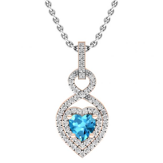 14K Rose Gold 5 MM Heart Cut Blue Topaz & Round Diamond Heart Pendant (Silver Chain Included)