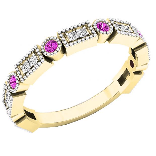 14K Yellow Gold Round Pink Sapphire And White Diamond Ladies Vintage Style Anniversary Wedding Band