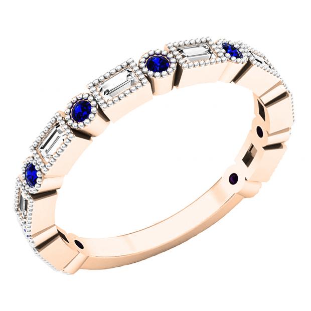 10K Rose Gold Round Blue Sapphire & Baguette Cut White Diamond Ladies Anniversary Wedding Band