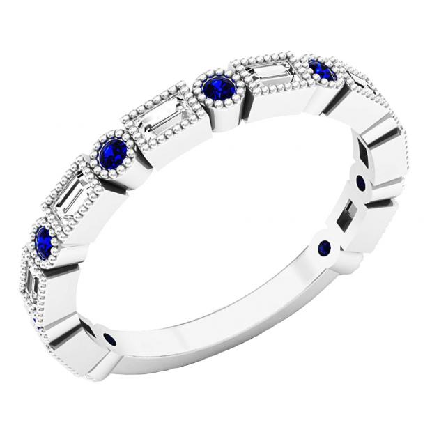 10K White Gold Round Blue Sapphire & Baguette Cut White Diamond Ladies Anniversary Wedding Band