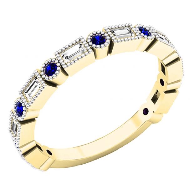 10K Yellow Gold Round Blue Sapphire & Baguette Cut White Diamond Ladies Anniversary Wedding Band