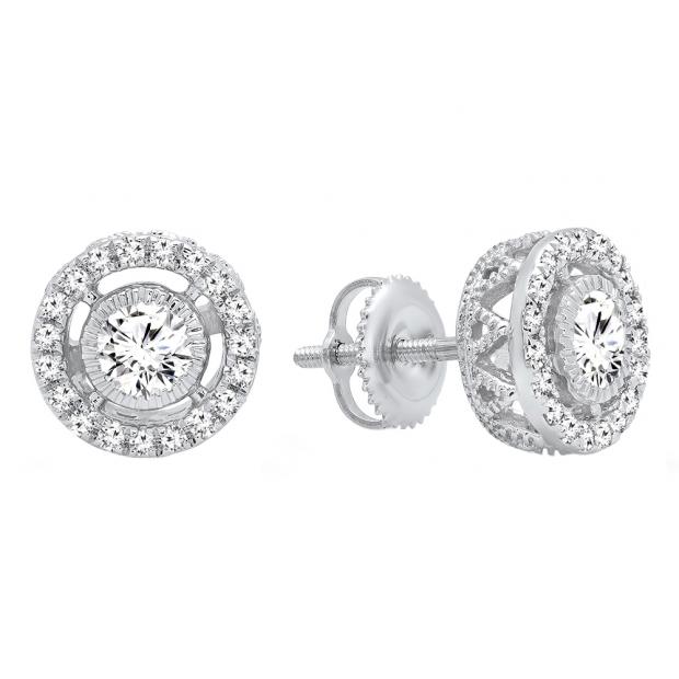 0.70 Carat (ctw) 18K White Gold Round Cut White Diamond Ladies Halo Stud Earrings 3/4 CT