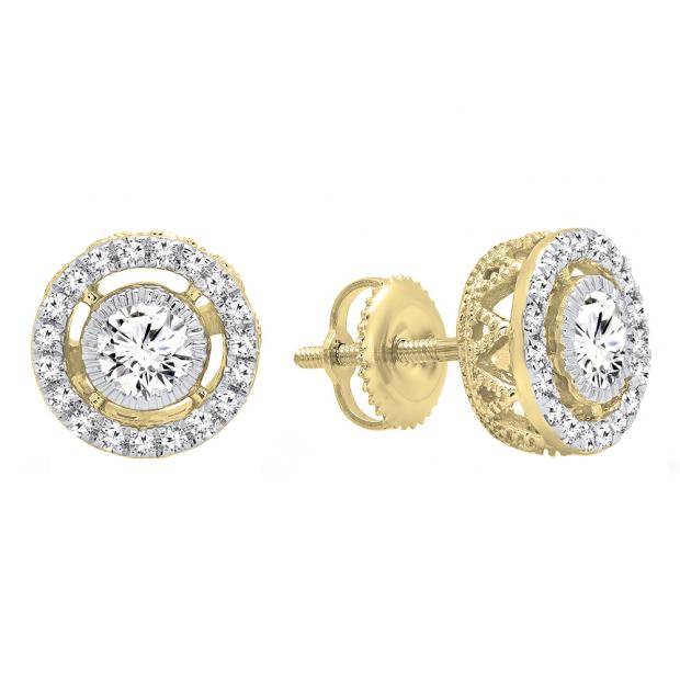 0.70 Carat (ctw) 18K Yellow Gold Round Cut White Diamond Ladies Halo Stud Earrings 3/4 CT
