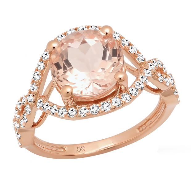 18K Rose Gold 9 MM Round Cut Morganite & Diamond Ladies Swirl Split Shank Bridal Engagement Ring