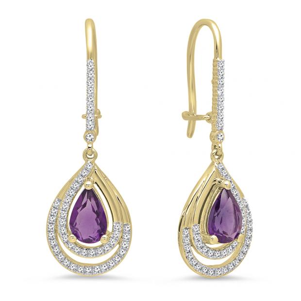 18K Yellow Gold 8X5 MM Each Pear Amethyst & Round White Diamond Ladies Drop Earrings