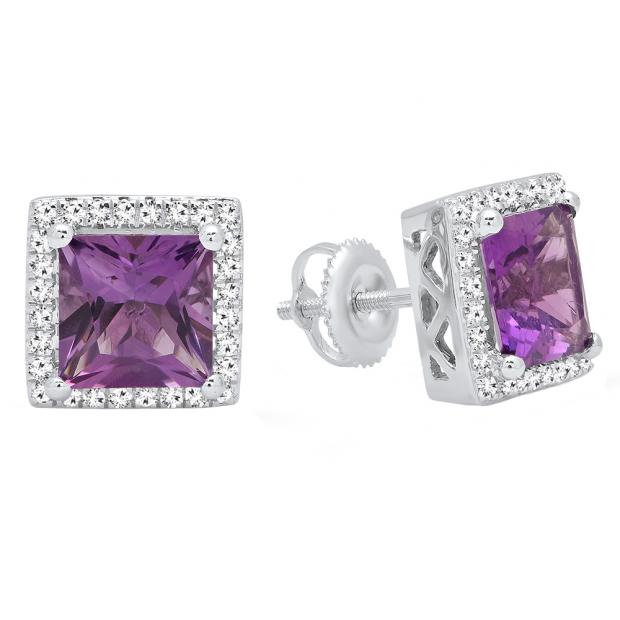 10K White Gold 7 MM Each Princess Amethyst & Round White Diamond Ladies Stud Earrings