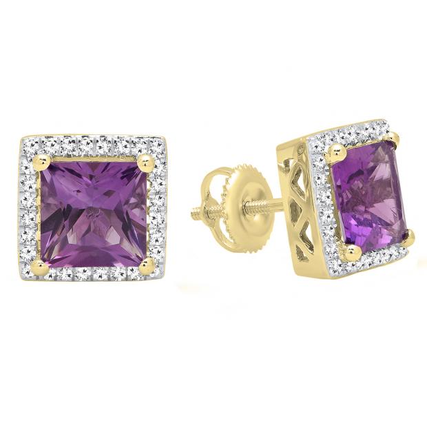 14K Yellow Gold 7 MM Each Princess Amethyst & Round White Diamond Ladies Stud Earrings