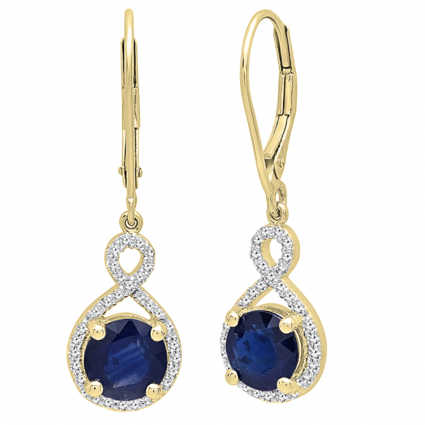 10K Yellow Gold 7 MM Each Round Blue Sapphire & White Diamond Ladies Infinity Drop Earrings
