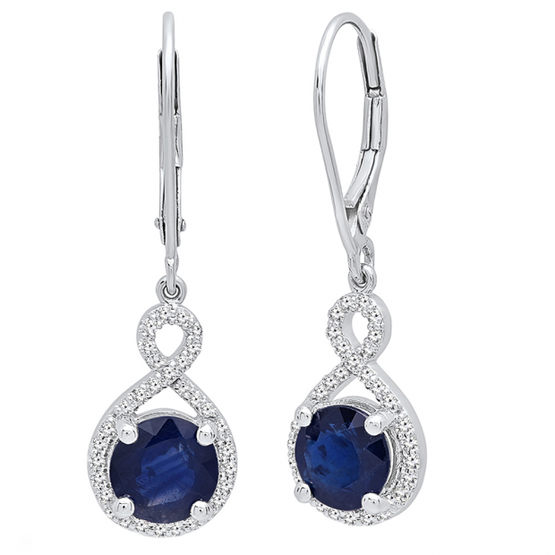 18K White Gold 7 MM Each Round Blue Sapphire & White Diamond Ladies Infinity Drop Earrings