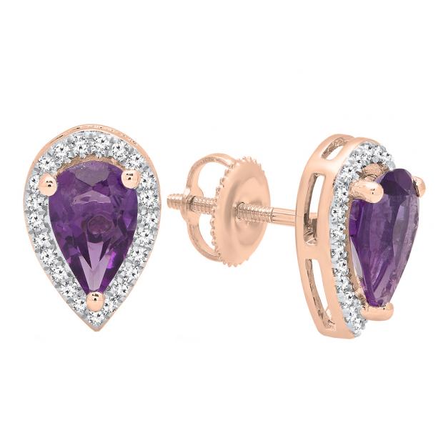10K Rose Gold 8X5 MM Each Pear Amethyst & Round White Diamond Stud Earrings