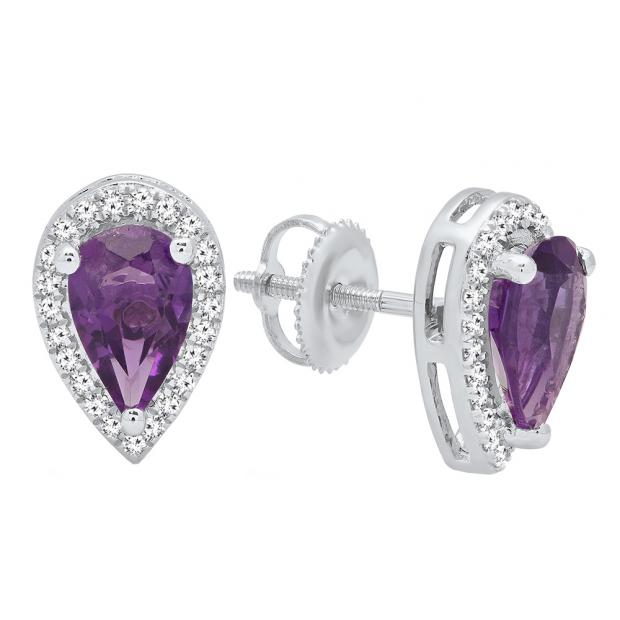 14K White Gold 8X5 MM Each Pear Amethyst & Round White Diamond Stud Earrings
