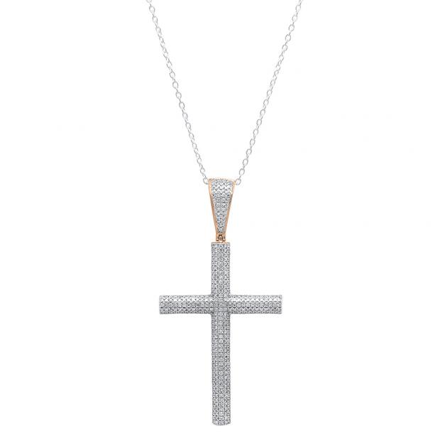1.15 Carat (ctw) 10K Rose Gold Round White Diamond Cross Pendant (Silver Chain Included)