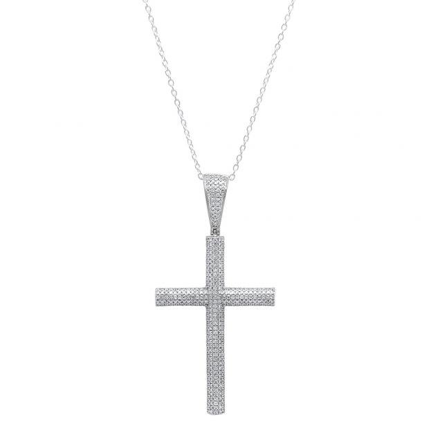 1.15 Carat (ctw) 10K White Gold Round White Diamond Cross Pendant (Silver Chain Included)