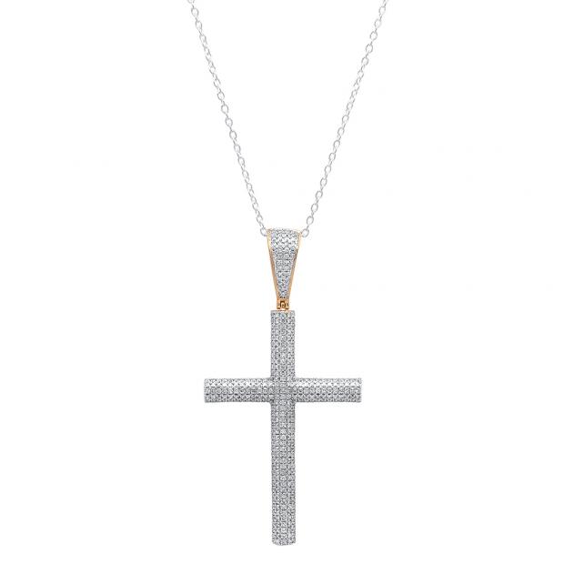 1.15 Carat (ctw) 10K Yellow Gold Round White Diamond Cross Pendant (Silver Chain Included)