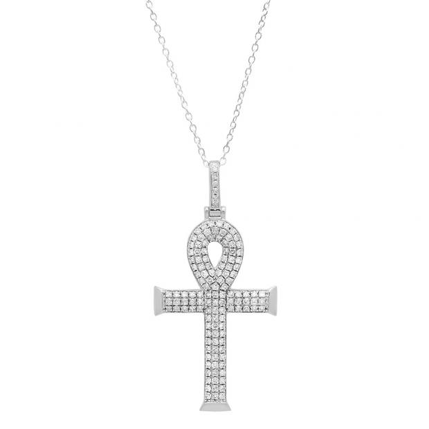 1.10 Carat (ctw) 14K White Gold Round Diamond Ankh Cross Pendant 1 CT (Silver Chain Included)