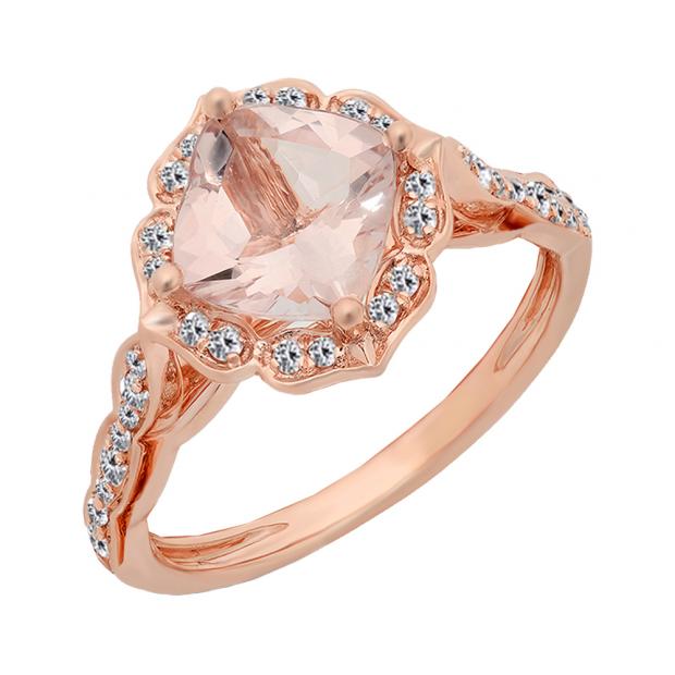14K Rose Gold 7.5 MM Cushion Morganite & Round White Diamond Ladies Vintage Style Engagement Ring