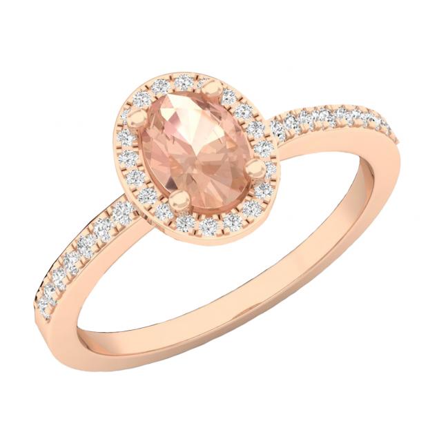 14K Rose Gold 7X5 MM Oval Morganite & Round White Diamond Ladies Bridal Halo Engagement Ring