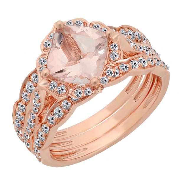 14K Rose Gold 7.5 MM Cushion Morganite & Round Diamond Ladies Engagement Ring With Double Band Set