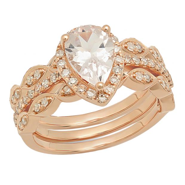 18K Rose Gold 9X6 MM Pear Morganite & Round Diamond Ladies Halo Engagement Ring With Double Band Set