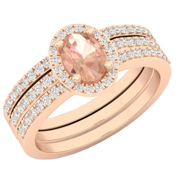 14K Rose Gold 7X5 MM Oval Morganite & Round Diamond Ladies Engagement Ring With Double Band Set