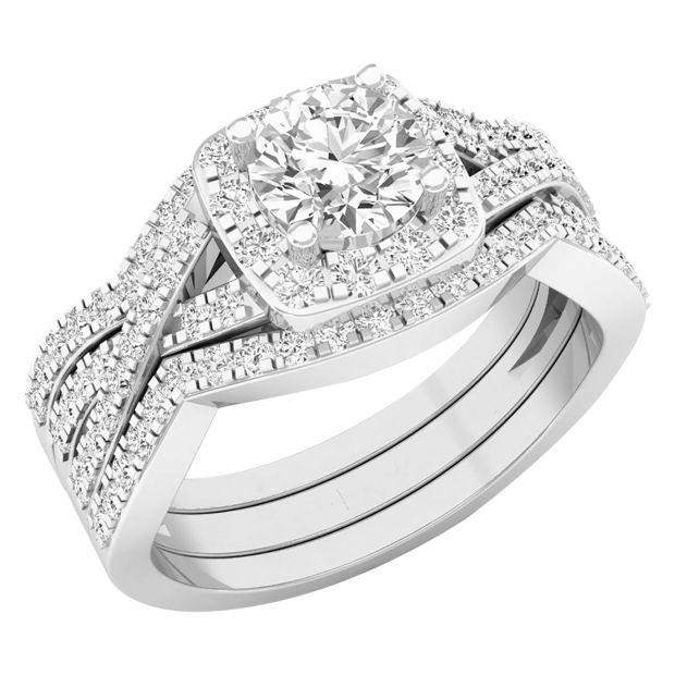 2.05 Carat (ctw) 10K White Gold Round Cubic Zirconia Engagement Ring With Double Band Set 2 CT