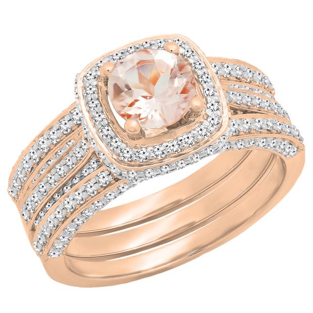 18K Rose Gold 6 MM Round Morganite & White Diamond Ladies Engagement Ring With Double Band Set