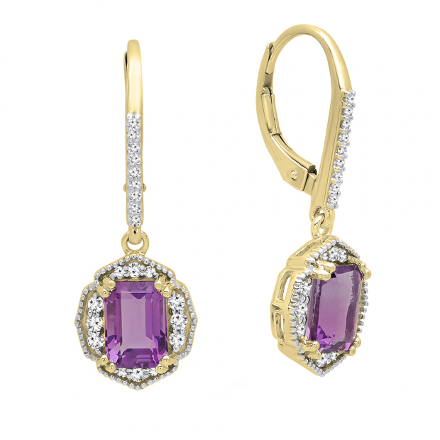 10K Yellow Gold 7X5 MM Each Emerald Amethyst & Round White Diamond Ladies Dangling Drop Earrings