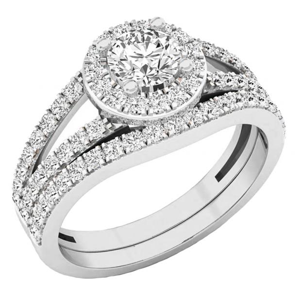 1.10 Carat (ctw) 18K White Gold Round Diamond Split Shank Halo Bridal Engagement Ring Set 1 CT