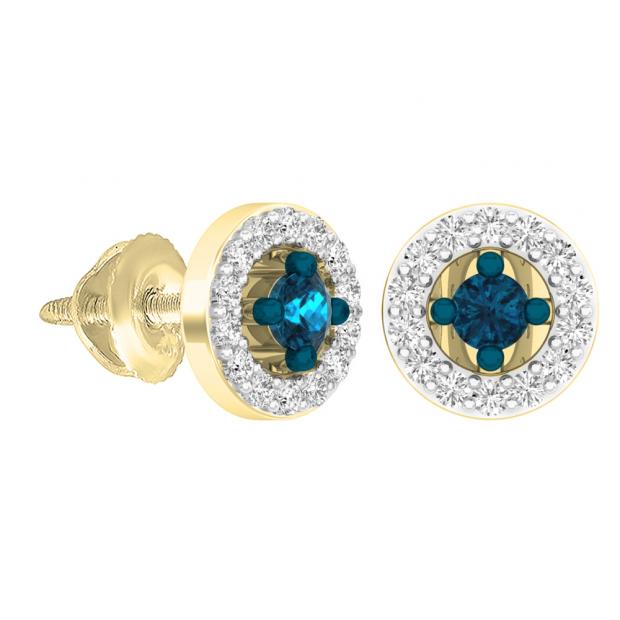 0.25 Carat (ctw) 18K Yellow Gold Round Blue & White Diamond Ladies Halo Stud Earrings 1/4 CT