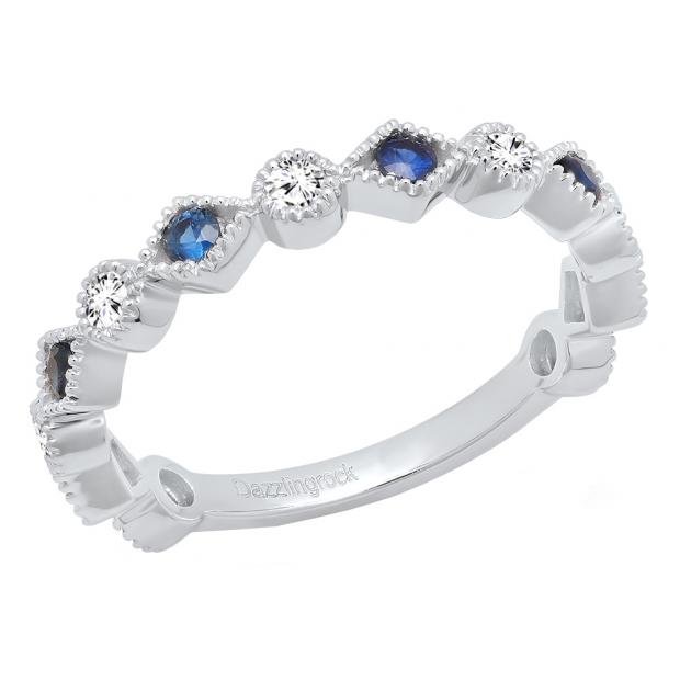 10K White Gold Round Blue Sapphire & White Diamond Ladies Vintage Style Stackable Wedding Band Ring