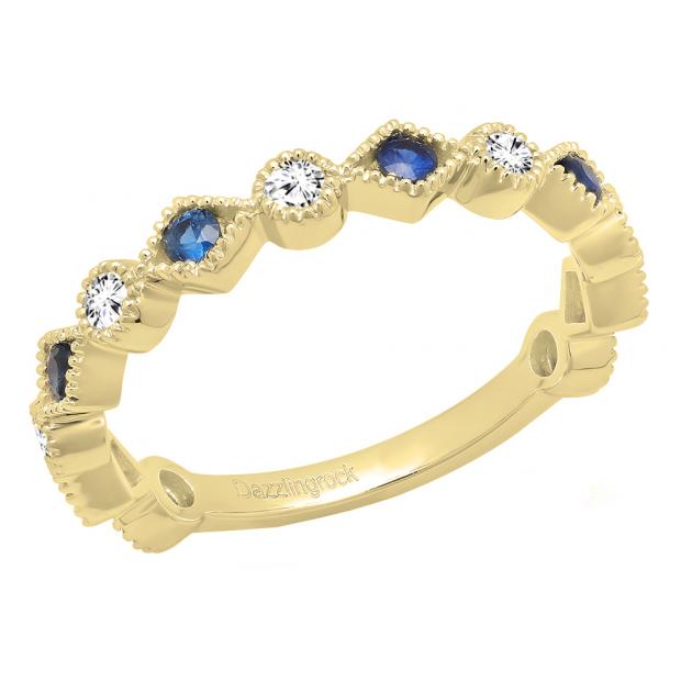 10K Yellow Gold Round Blue Sapphire & White Diamond Ladies Vintage Style Stackable Wedding Band Ring